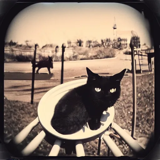 Image similar to black cat in a rollercoaster. the cat looks happy. sunlight. polaroid photo. saturated colors.