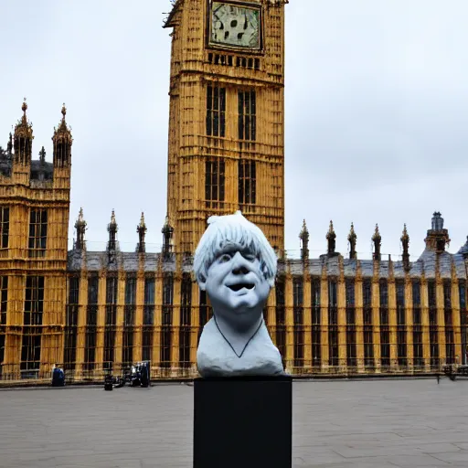 Image similar to a stone sculpture of boris johnson on a plinth outside the houses of parliament, mid distance