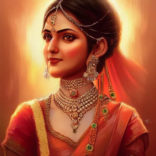 Prompt: portrait of Beautiful indian bride , full of details, matte painting, concept art, smooth, by Jordan Grimmer and by artgerm and by krenz cushart