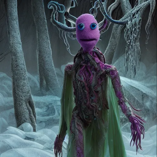 Prompt: a humanoid ethereal ghost like live action muppet wraith like figure with a squid like parasite as its head and four long tentacles for arms that flow gracefully at its sides like a cloak while it floats around a frozen rocky lake in the middle of the frozen woods searching for lost souls and that hides amongst the shadows in the trees, this character has cryokinesis and umbrakinesis and is a real muppet by sesame street surrounded by lost muppet souls, photo realistic, real, realistic, felt, stopmotion, photography, sesame street