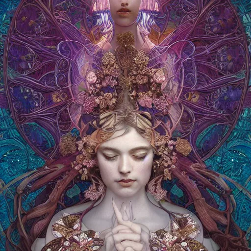 Image similar to absolutely beautiful empress, intricate, elegant, hyper detailed, finely detailed beautiful angelic symmetry face delicate, smooth, sharp focus, award - winning, masterpiece, in bloom greenhouse, shining light came in through the window, style of tom bagshaw, cedric peyravernay, peter mohrbacher, louis comfort tiffany, victo ngai, 4 k hd illustrative wallpaper