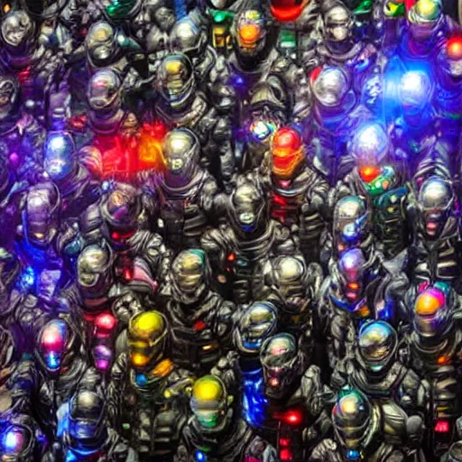 Image similar to love, diverse wall of cybersuits, from behind, many rituals, wide wide angle, vivid, elaborate, highly detailed, beautiful lighting