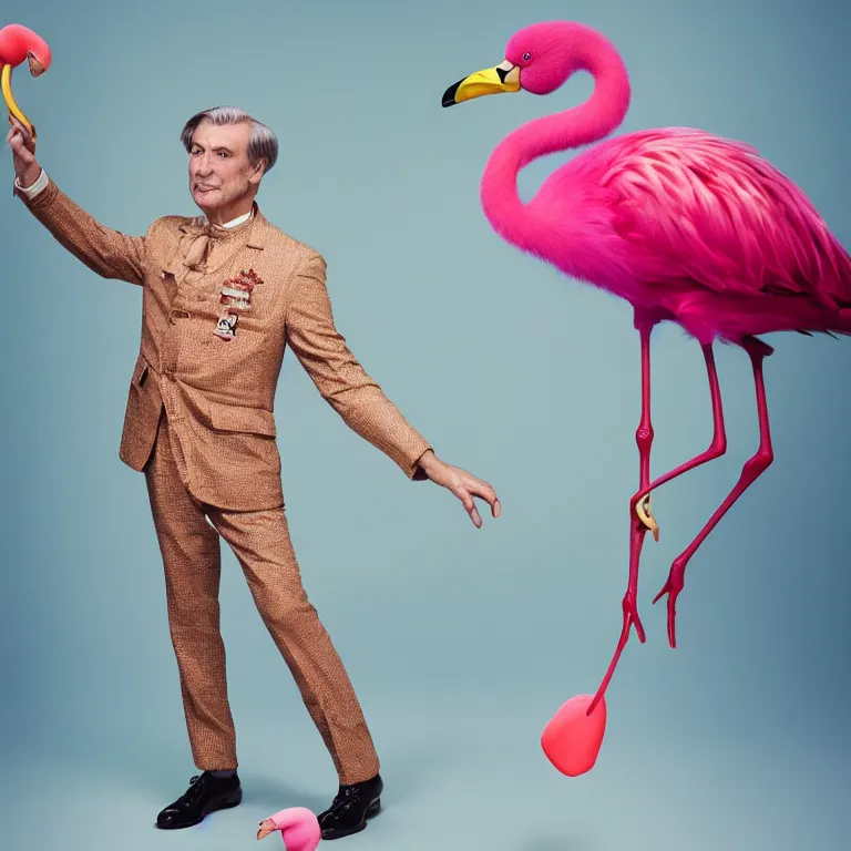 Image similar to high fashion photoshoot octane render portrait by wayne barlow and carlo crivelli and glenn fabry, a distinguished actor wearing a colorful wes anderson designed uniform and holding an irritated pink flamingo inside a high - end exotic colorful pastel vintage boutique hotel lounge, very short depth of field, bokeh