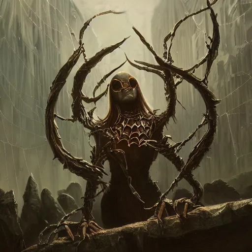 Image similar to spider witch , elden ring boss, matte painting, detailed, elden ring, oil on canvas