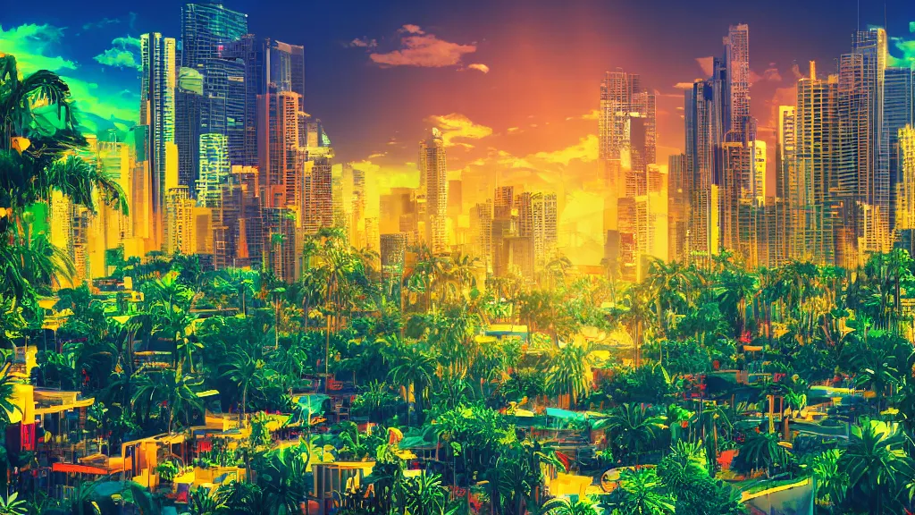 Image similar to golden city in a vaporwave jungle, 4k, ultra realistic, colorful, award winning photograph