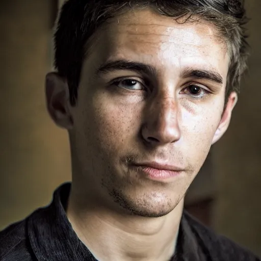 Prompt: portrait of a handsome young white Colombian male with brown hair By Emmanuel Lubezki