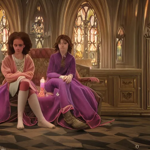 Prompt: hermoine granger and harry potter, art nouveau, by rachel ruysch and lisa frank, 8 k, sharp focus, octane render