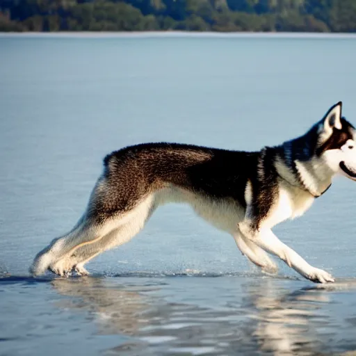 Prompt: Husky walks on water, 8k photography, cinematic