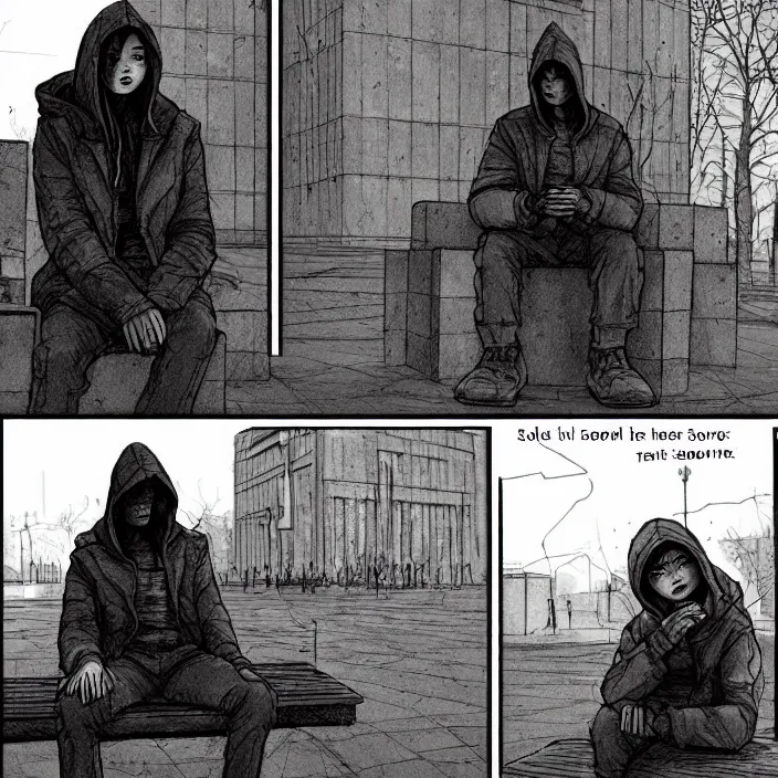 Image similar to storyboard : sadie sink in hoodie sat down on bench in ruined square, pedestrians walk by, old soviet monument nearby. scifi cyberpunk. drawn by gabriel hardman. cinematic atmosphere, detailed and intricate, perfect anatomy