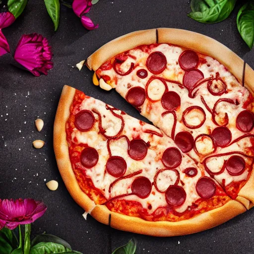 Image similar to A slice of pizza laying on a nice flowery field, realistic, ultra high detail, 8k, close up.