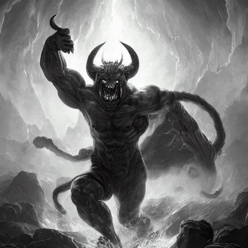 Image similar to full body, grayscale, muscled humanoid balrog demon, horns, claws, large horned tail, heroic pose, swirling flames, Sorie Kim, Gustave Dore, Greg Rutkowski,