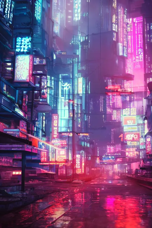 Image similar to GTR XU1, Futuristic Asian city at night with rain, Cyberpunk style, Neon lights, Matte painting, cinematic lighting, corona render, smoke, light rays, 8k