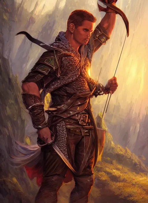 Image similar to archer with bow, ultra detailed fantasy, dndbeyond, bright, colourful, realistic, dnd character portrait, full body, pathfinder, pinterest, art by ralph horsley, dnd, rpg, lotr game design fanart by concept art, behance hd, artstation, deviantart, hdr render in unreal engine 5