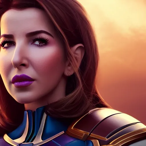 Image similar to a portrait of nancy ajram as thanos, the pixar adaptation, with same hairstyle, angry facial expressions, hyper detailed, digital art, trending in artstation, cinematic lighting, studio quality, smooth render, unreal engine 5 rendered, octane rendered