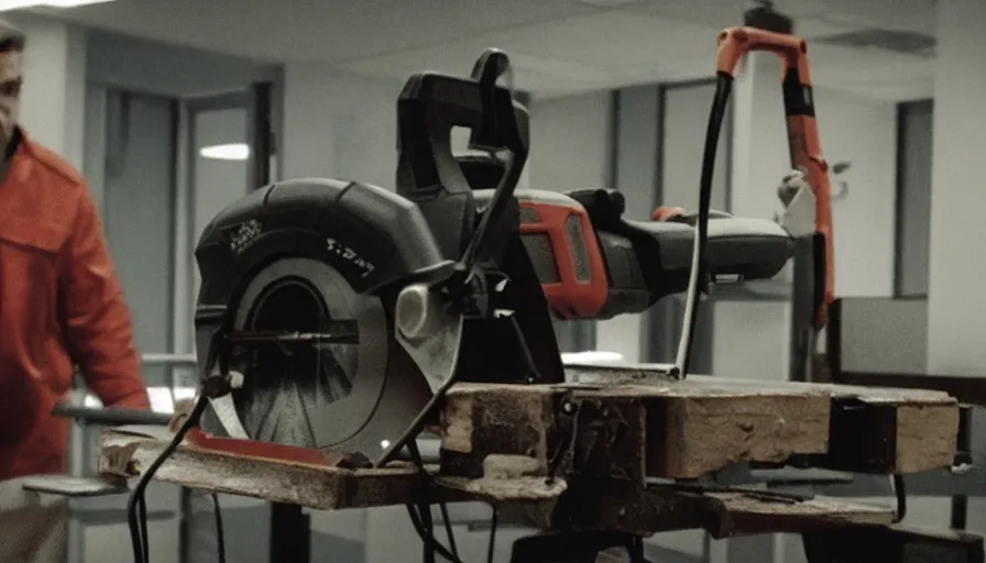 Prompt: Big budget horror movie about a serial killer in an office building who uses a circular saw to kill people