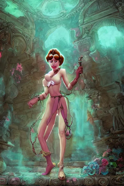 Image similar to scooby doo dressed as slave princess leia, ornate, beautiful, atmosphere, vibe, flowers, concept art illustration, color page, 4 k, tone mapping, doll, akihiko yoshida, james jean, andrei riabovitchev, marc simonetti, yoshitaka amano, digital illustration, greg rutowski, volumetric lighting, sunbeams, particles