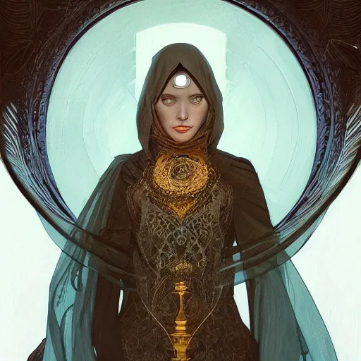 Image similar to portrait, female bene gesserit, bee keeper, veiled face, d & d, fantasy, intricate, elegant, highly detailed, digital painting, artstation, concept art, matte, sharp focus, illustration, art by artgerm and greg rutkowski and alphonse mucha