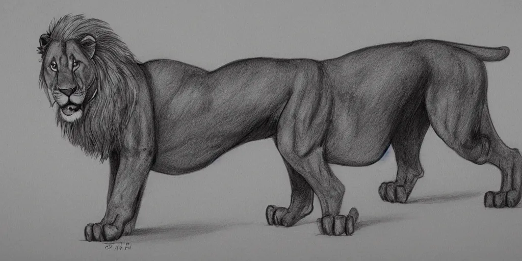 Prompt: full body shot of a large canine with the tail and ears of a lion, pencil drawing, illustration, black and white, artstation