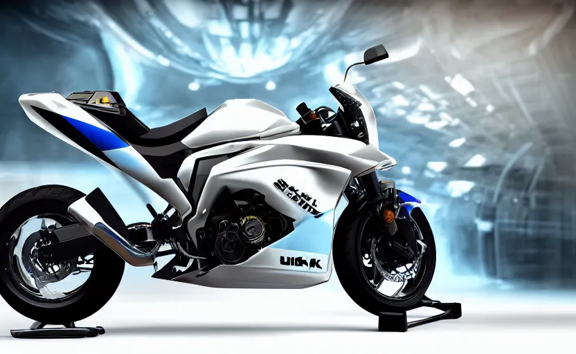 Prompt: futuristic suzuki, dakar motorbike, symmetrical mechanical features, designed by professional artist, fog, industrial design, northen lights background, brushed white and blue paint, black wheel rims, hard surfaces modelling, show room scene, dramatic lighting, hyper realistic rendering, octane, depth of field, bokeh effect, 1 5 0 mm, 4 k