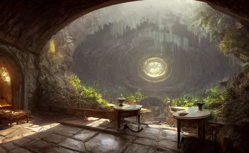 Image similar to painting of an interior of a hidden circular complex carved inside a mountain living quarters overlooking the great room, small hot spring and lush garden outside, other bedrooms can be seen, natural light, fantasy, natural light, concept art, by greg rutkowski and craig mullins, cozy atmospheric and cinematic lighting, trending on artstation