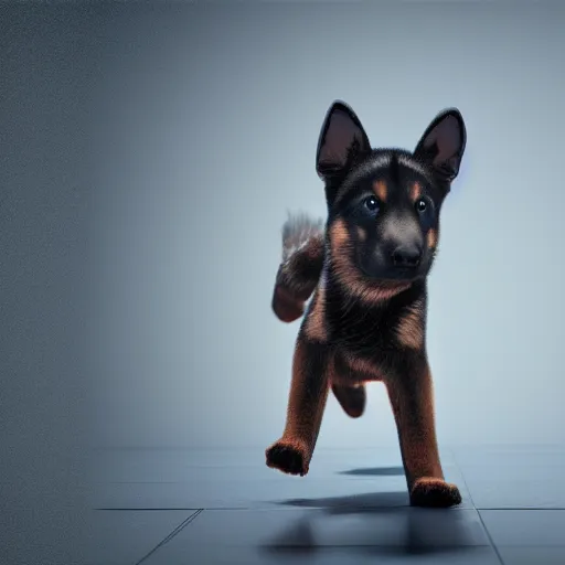 Image similar to my gsd puppy gets the zoomies, high energy, frenetic craziness, running, jumping, chasing, 3 d octane render, imax 7 0 mm, rtx,