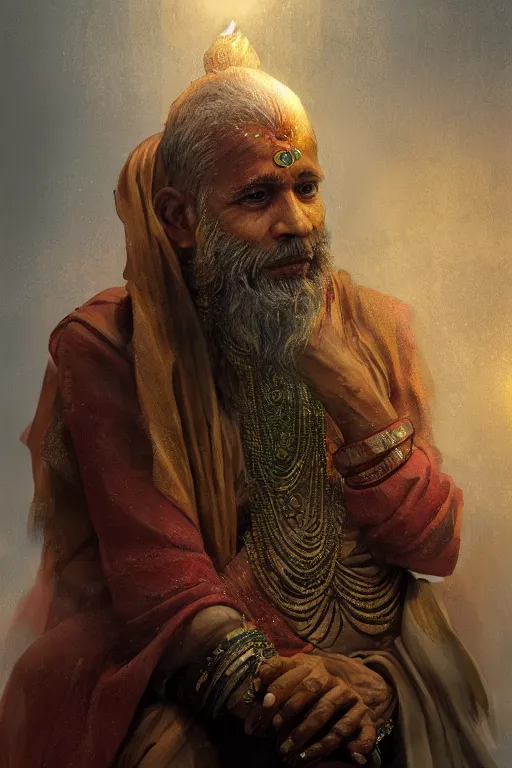 Image similar to hindu priest, close - up portrait, devoted, intricate, elegant, volumetric lighting, scenery, digital painting, highly detailed, artstation, sharp focus, illustration, concept art, ruan jia, steve mccurry