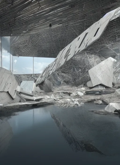 Image similar to art exhibition, architecture installation in biennale venezia, bioremediation white mining tailing futuristic horizontal architecture, epic, cinematic, hyperealistic, high detailed, corona render, hdr, ray tracing