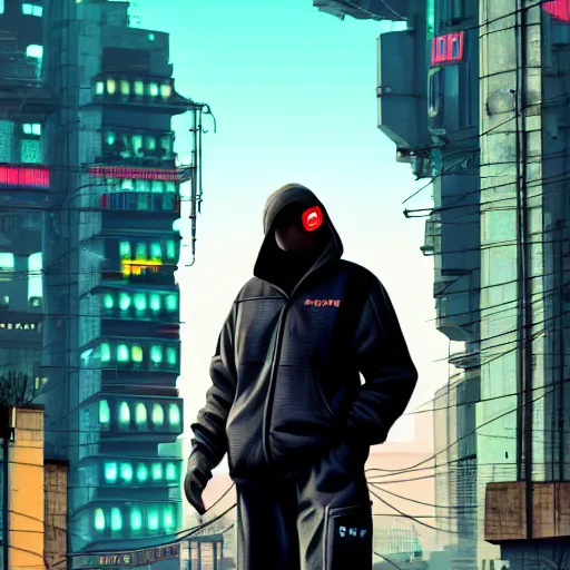 gopnik with cyber hands on the background of cyberpunk | Stable ...