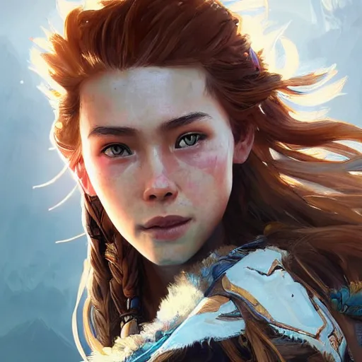 Prompt: Aloy from Horizon: Zero Dawn, strong woman, videogame character, highly detailed, digital painting, artstation, concept art, smooth, sharp focus, beautiful face, expressive eyes, illustration, art by Artgerm and greg rutkowski and alphonse mucha