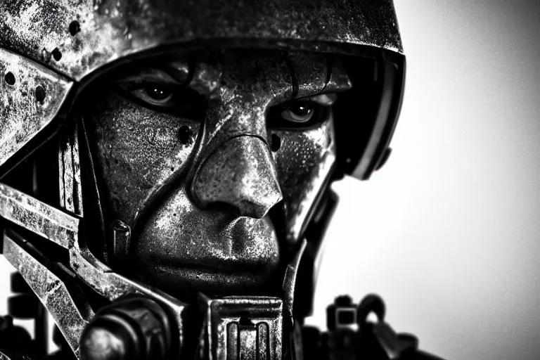 Image similar to still photo of a iron tech age war man looking at the camera in a battlefield, black and white color aesthetic, highly detailed, photorealistic portrait, bright studio setting, studio lighting, crisp quality and light reflections, unreal engine 5 quality render