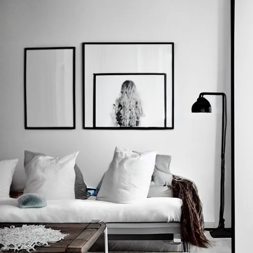 Image similar to a minimalist mockup photo with large blank frame, in a white clean boho style interior, all smooth white walls, trending on pinterest