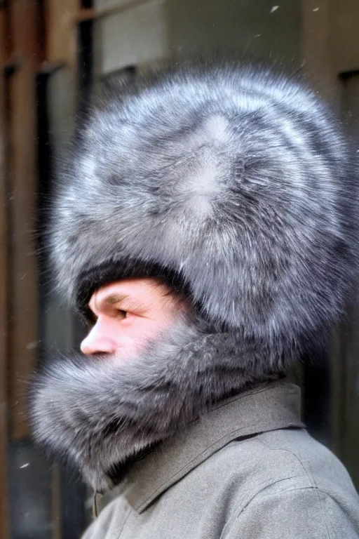 Image similar to gray fur hat soviet soviet russian winter fur cap with earflaps ushanka poster the movie 1 9 8 8 ussr don't be a menace to south central while drinking your juice in the hood, perfect symmetrical eye, soviet russian winter fur cap with earflaps ushankas vodka kremlin babushka communist