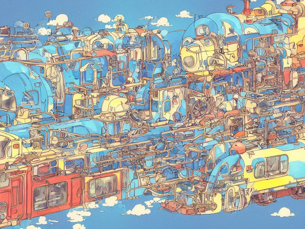 Image similar to colorful blueprint sideview of a anime train, illustration, concept art, autumn light, colorful, beautiful, studio ghibli, hayao miyazaki, takashi murakami, manga, cute and adorable