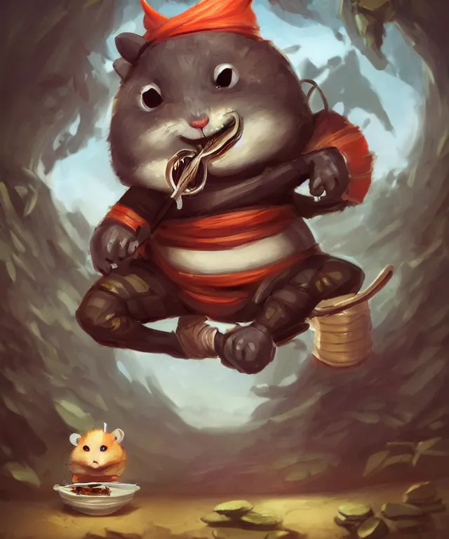 Image similar to anthropomorphic hamster ninja eating sushi, ninja outfit, two arms, standing in a beautiful landscape, cute and adorable, dnd character art portrait, matte fantasy painting, deviantart artstation, by jason felix by steve argyle by tyler jacobson by peter mohrbacher, cinematic lighting