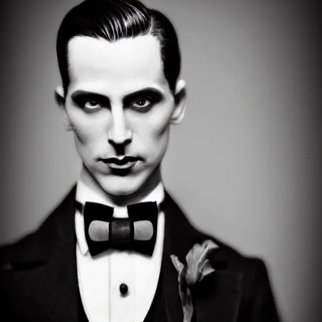 Image similar to ultrarealistic sepia portrait of a 1 9 2 0 s era male magician, well dressed, slicked - back hair, long - tailed tuxedo coat, black bow tie, atmospheric lighting, dark, brooding, painted, intricate, ultra detailed, well composed, best on artstation, cgsociety, epic, stunning, gorgeous, intricate detail, much wow, masterpiece