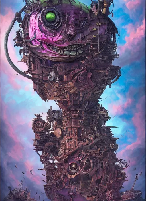 Image similar to cheshire cat, dieselpunk style, highly detailed, cinematic, 8 k, by megan duncanson, benjamin lacombe, adrian borda, stanley artgermm, tom bagshaw, craig mullins, carne griffiths, ayami kojima, beksinski, giger, trending on deviantart, hyper detailed, horror, full of colour