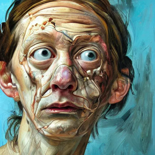 Image similar to high quality high detail painting by lucian freud and jenny saville, hd, hysteric face, turquoise