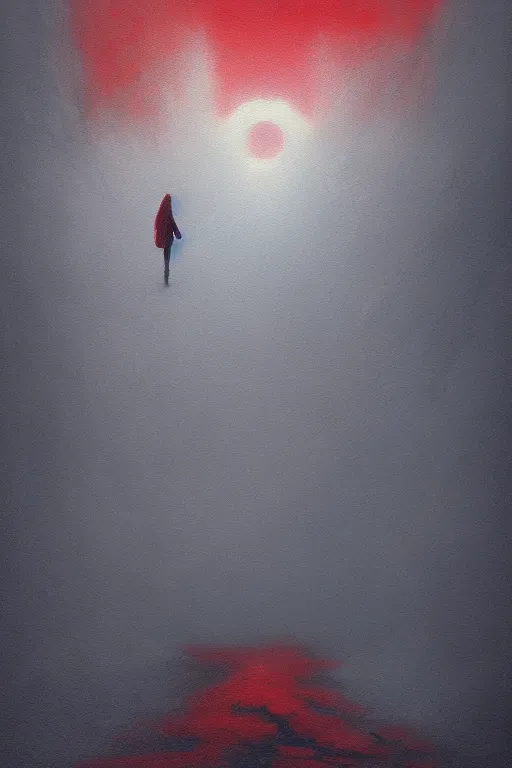 Image similar to a painting of a person standing in the snow, blizzard, a surrealist painting by zdzisław beksinski and by alena aenami, deviantart, nuclear art, dystopian art, apocalypse landscape, red color scheme, surrealist