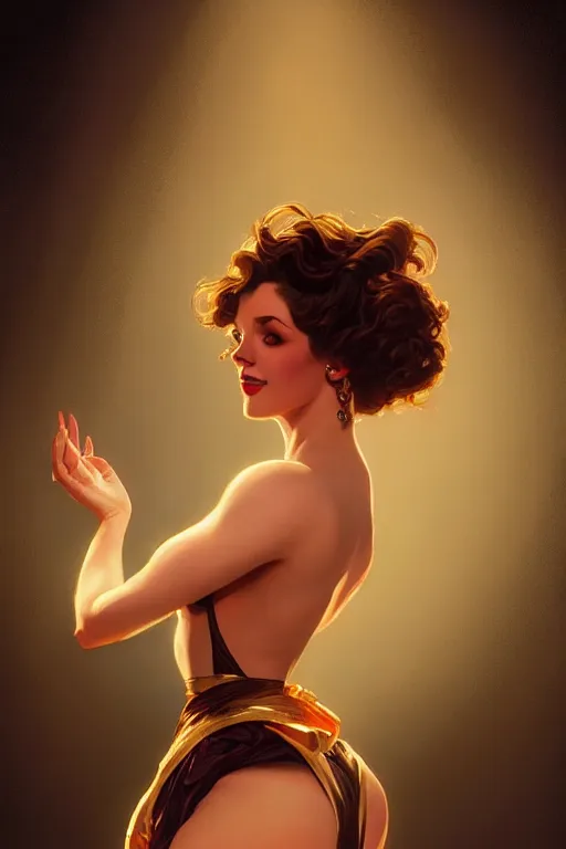 Prompt: a beautiful voluminous woman burlesque dancer on a stage, spotlight, highly detailed, digital painting, artstation, concept art, smooth, sharp focus, illustration, cinematic lighting, art by artgerm and greg rutkowski and alphonse mucha