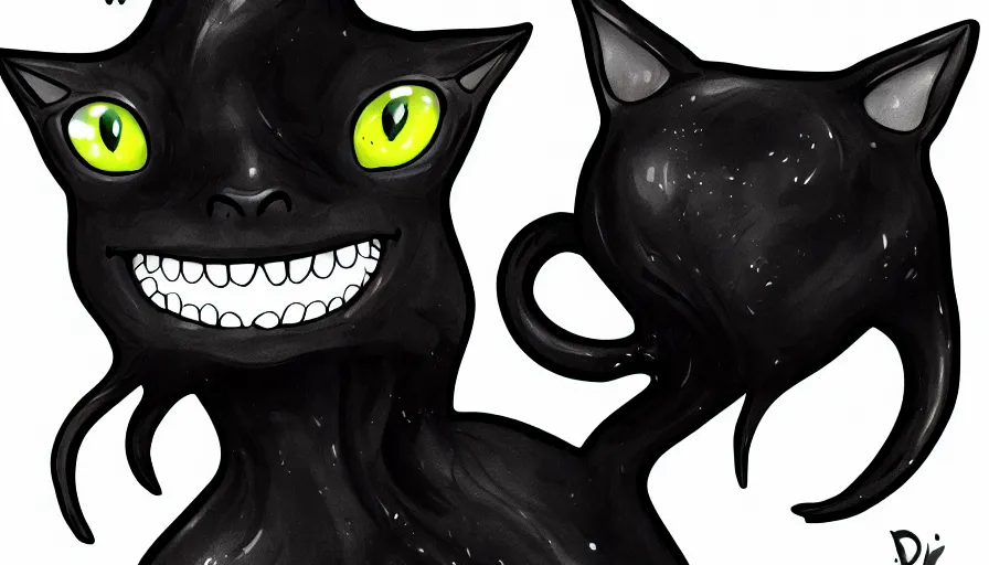 Image similar to a digital art close up portrait of black slime cat character desig, lovecraftian black liquid black oil, ink cat character sheet, 4 k, cartoon art, stickers illustrations, beautiful avatar pictures