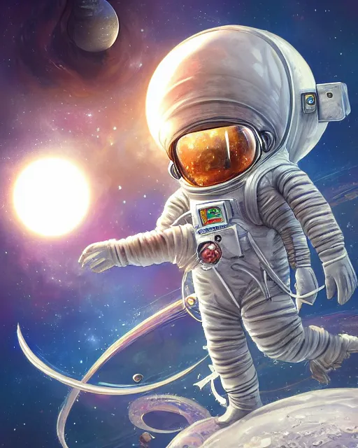 Image similar to wefie of caricature ethereal intricate cosmonaut lie relaxed on a crescent moon between the stars and the planets in outer space, cosmonaut post grunge concept art,high detail,4k, trending on artstation by Yoshitaka Amano, josan gonzalez and tyler edlin