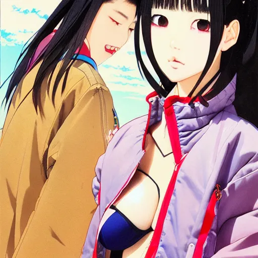 Image similar to a beautiful japanese lalisa alluring gravure model, wearing oversized designer bomber jacket and leotard, bulky poofy bomber jacket with mesoamerican patterns, mesoamerican native street fashion, gapmoe yandere grimdark, trending on pixiv fanbox, painted by greg rutkowski makoto shinkai takashi takeuchi studio ghibli, akihiko yoshida