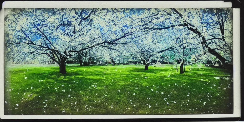 Prompt: analog polaroid of a blossom tree, petals falling, lush grass, bright colors, azure blue sky, color bleed