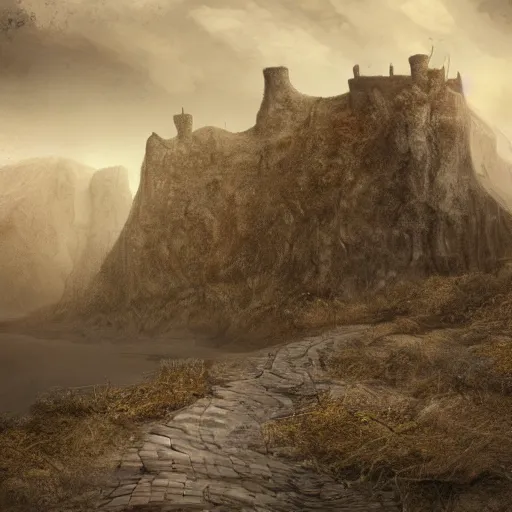 Image similar to a long winding pathway with no terrain on either side, cliffs with no bottom, creepy, gloomy, nightmare, dark rocks, dusty, sepia tones, with a mysterious dark castle at the of the path, digital art, 8 k, concept art, trending on artstation