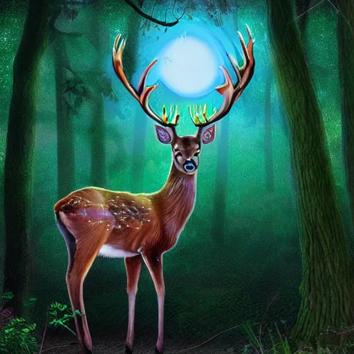 Image similar to A mystic deer with majestic antlers in an enchanted forest. Moonlight. Fireflies. Celtic fantasy style. Digital art.