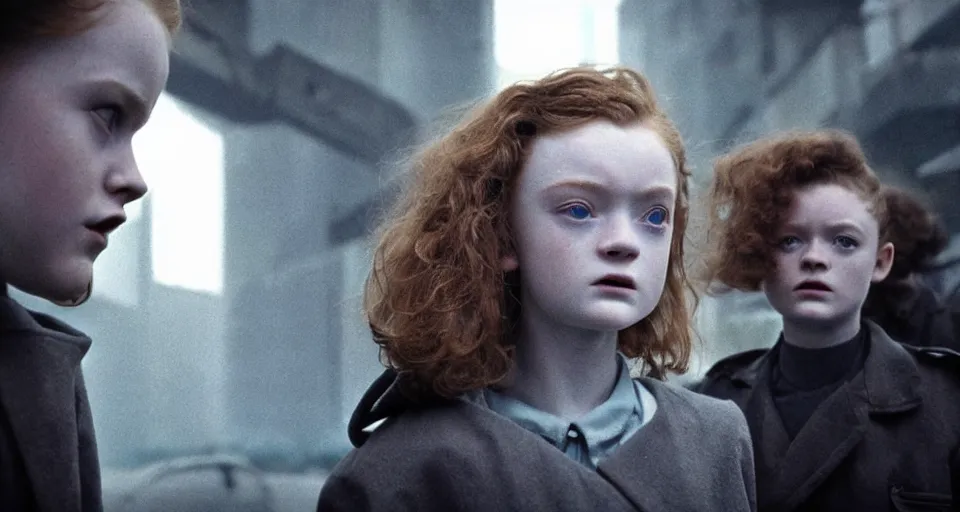 Prompt: sadie sink with very short hair in oversized man's coat : a still from a scifi dystopian cyberpunk film from 1 9 8 0 s. by steven spielberg, robert zemeckis, francis ford coppola, james cameron. 6 5 mm low grain film stock. sharp focus, realistic facial expression, perfect anatomy, global illumination, radiant light, detailed and intricate environment, trending on artstation