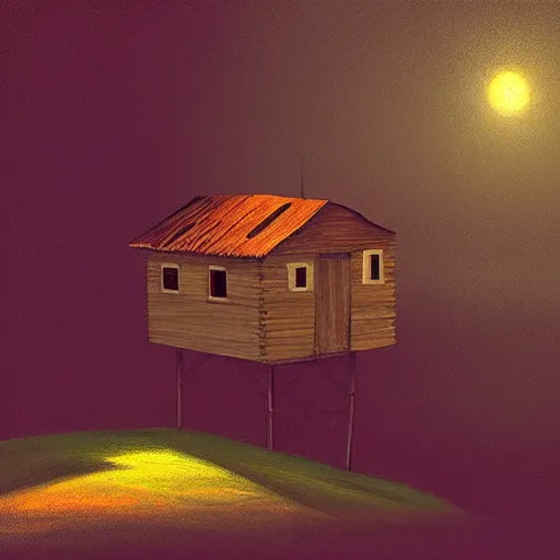 Image similar to a cabin on a hilltop, by alex andreev, landscape, high contrast, digital