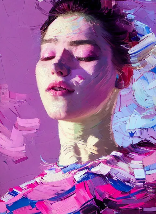 Image similar to portrait of a beautiful girl, smiling, ecstatic, dancing, eyes closed, open mouth, shades of pink and blue, beautiful face, rule of thirds, intricate outfit, spotlight, by greg rutkowski, by jeremy mann, by francoise nielly, by van gogh, digital painting