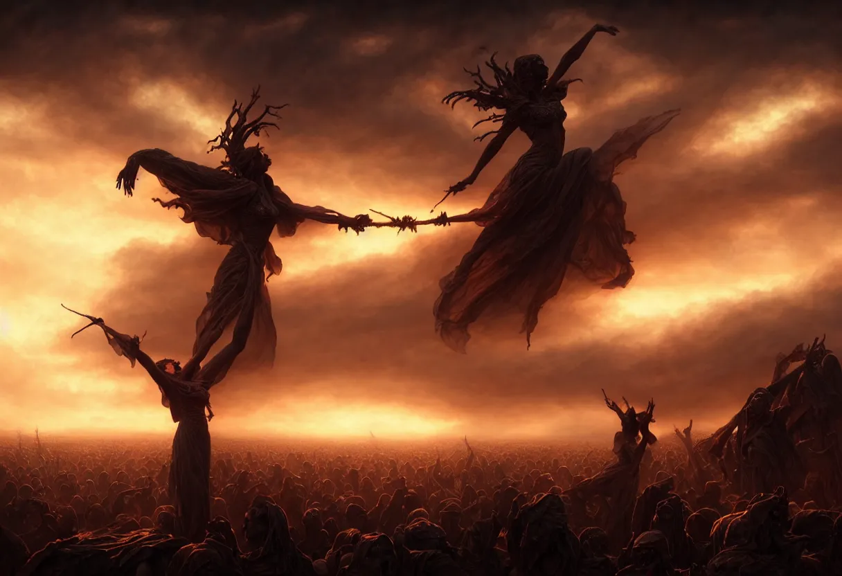 Image similar to dark burning sky with suffering shadows of dead humans with arms outstretched towards the sky,, fantasy, intricate, elegant, highly detailed, digital painting, artstation, concept art, smooth, sharp focus, octane render, dramatic lighting, volumetric lighting, cinematic lighting, art by artgerm and greg rutkowski and alphonse mucha and wlop