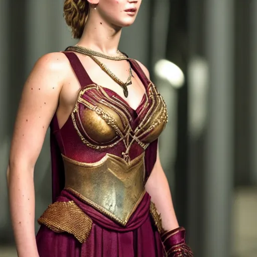 Image similar to first photos of 2 0 2 4 female 3 0 0 remake - jennifer lawrence as leonidas, ( eos 5 ds r, iso 1 0 0, f / 8, 1 / 1 2 5, 8 4 mm, postprocessed, crisp face, facial features )